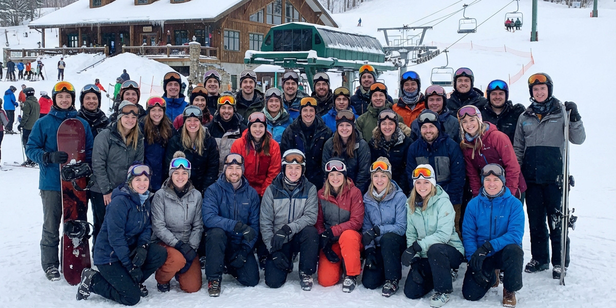 Wintersport groepsfoto